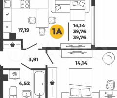 1-к. квартира, 39,8 м², 2/22 эт. - 2