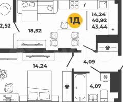 1-к. квартира, 43,4 м², 13/22 эт. - 2