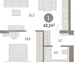 1-к. квартира, 43,2 м², 4/9 эт. - 2