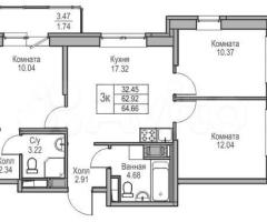 3-к. квартира, 64,7 м², 17/23 эт. - 3
