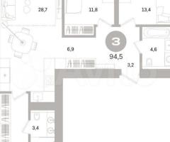 3-к. квартира, 94 м², 3/8 эт. - 2