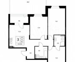 4-к. квартира, 86,7 м², 1/3 эт. - 3